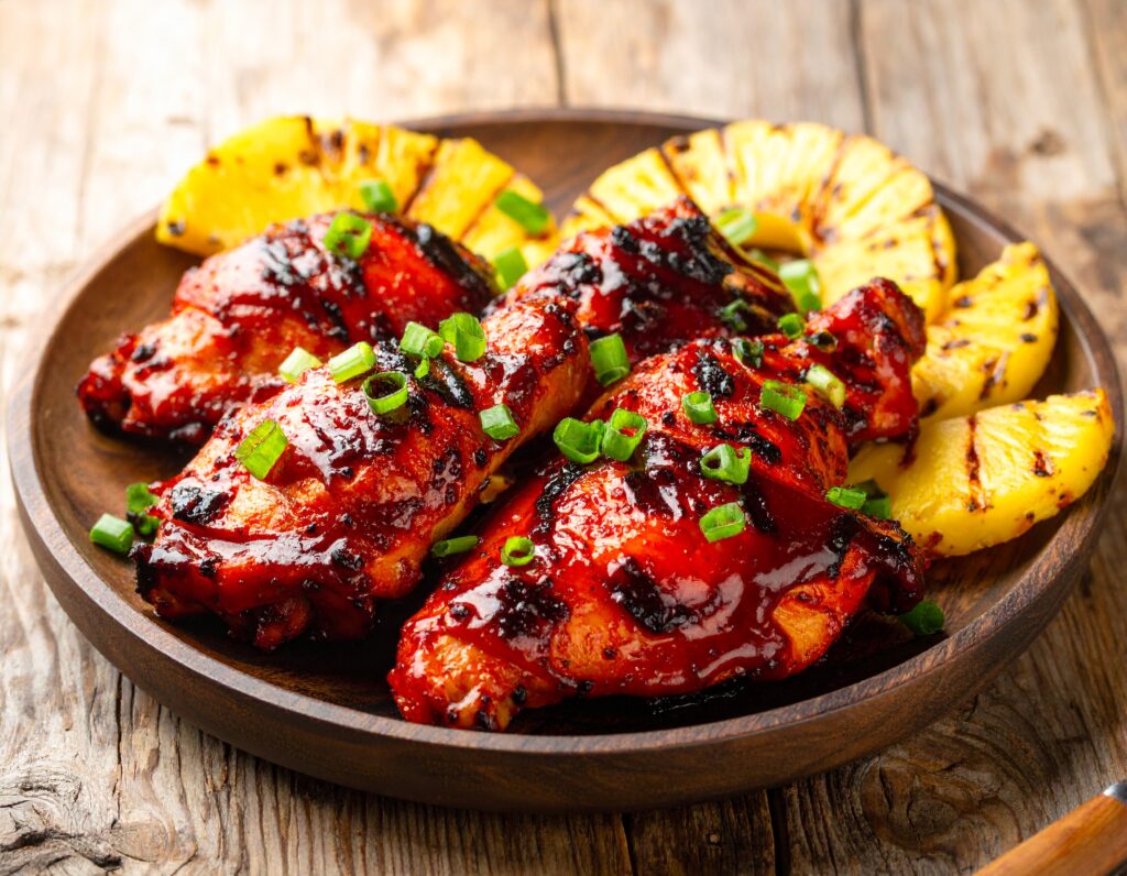 A close-up of perfectly grilled, glistening Huli Huli chicken recipe thighs on a platter, garnished with green onions and grilled pineapple.