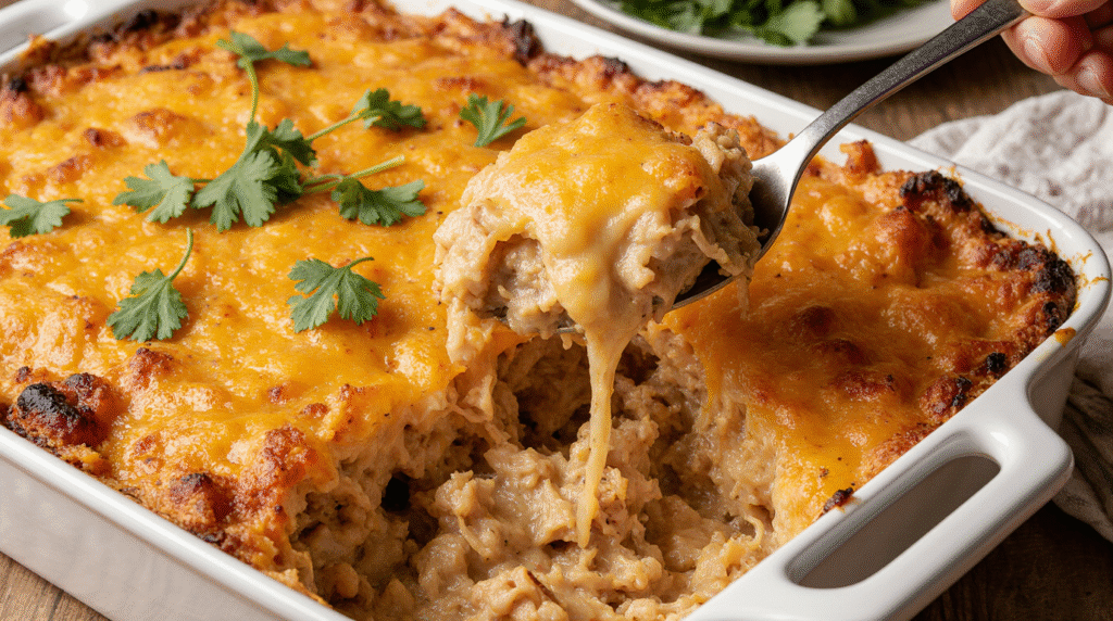 A delicious-looking cheesy chicken taco casserole, a perfect example of low carb chicken recipes, baked to golden perfection in a white dish.