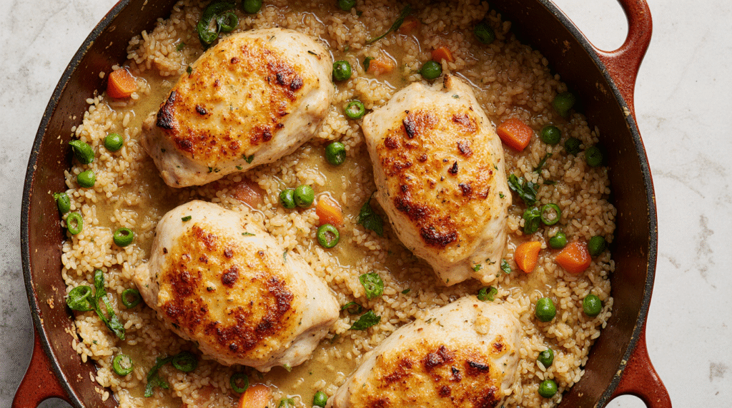 A hot, bubbling chicken leg quarter casserole recipe fresh from the oven, with rice, peas, and a creamy sauce.