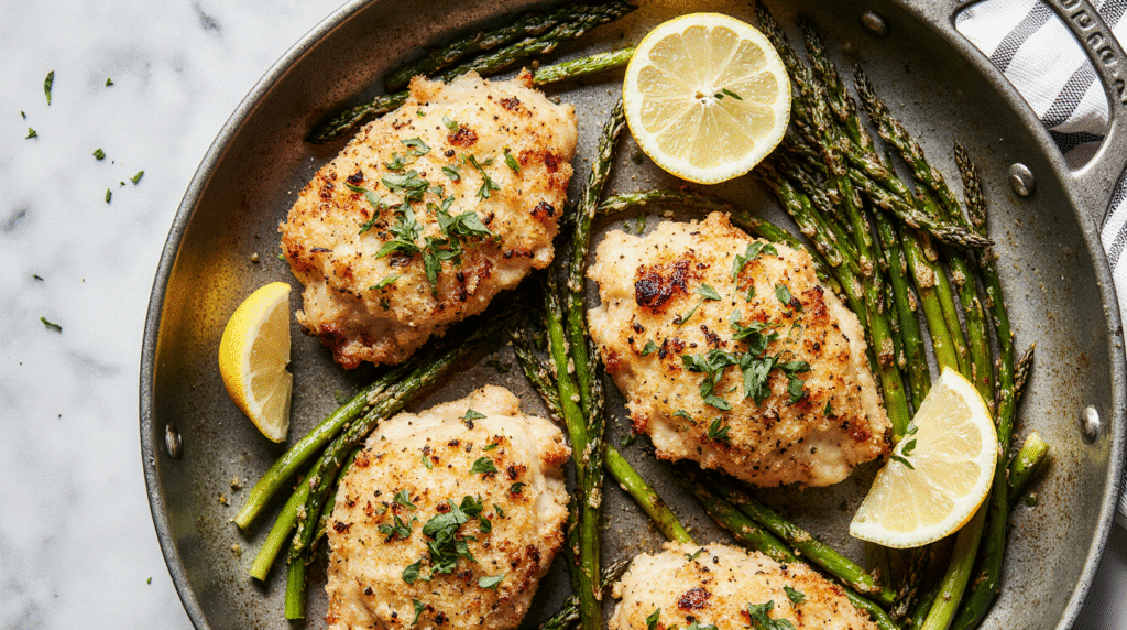 A sheet pan filled with crispy garlic parmesan low carb chicken recipes, alongside roasted asparagus, ready to be served for a healthy family meal.