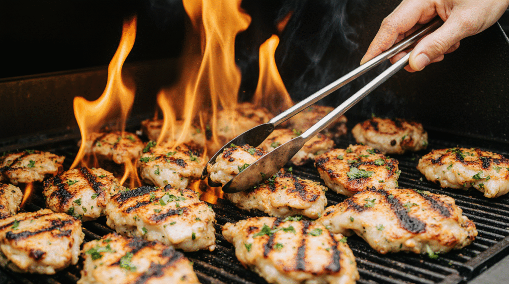 A macro shot of cilantro lime low carb chicken recipes sizzling on a hot grill, with visible char marks and a hint of flame, highlighting a fresh summer meal.