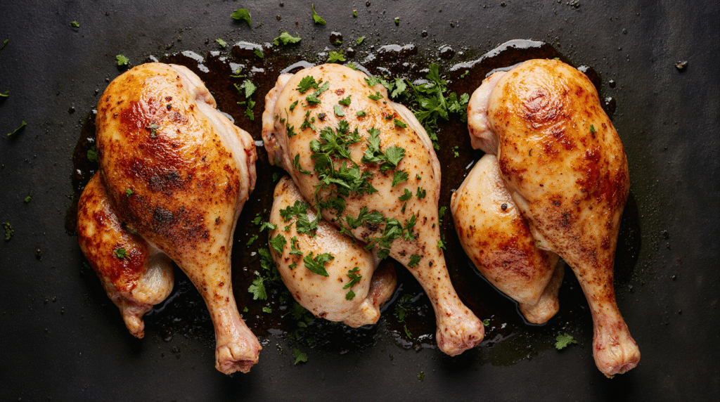 Three different chicken leg quarter recipes shown side-by-side to illustrate flavor variety, including a BBQ rub and a honey soy glaze.