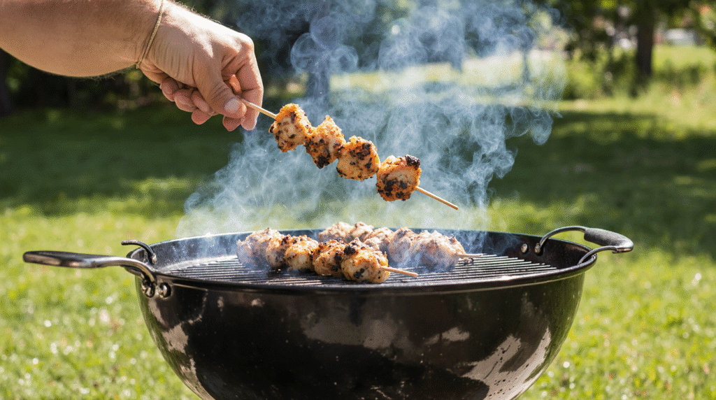 A person's hands grilling skewers of Shish Tawook, a popular and easy international chicken recipe from the Middle East perfect for a barbecue.