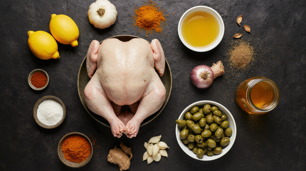 The essential fresh and dried ingredients for a Moroccan international chicken recipe, including preserved lemons, olives, and spices, laid out on a slate surface.