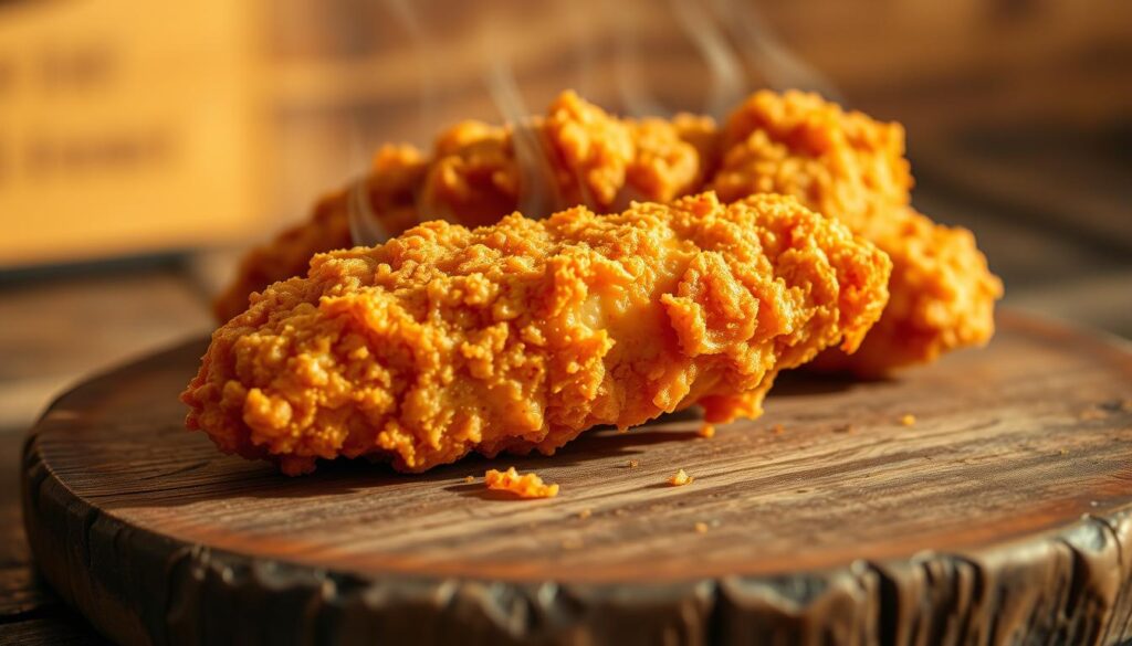 A close-up shot of perfectly golden-brown and crispy fried chicken pieces piled on a white plate, ready to be served.