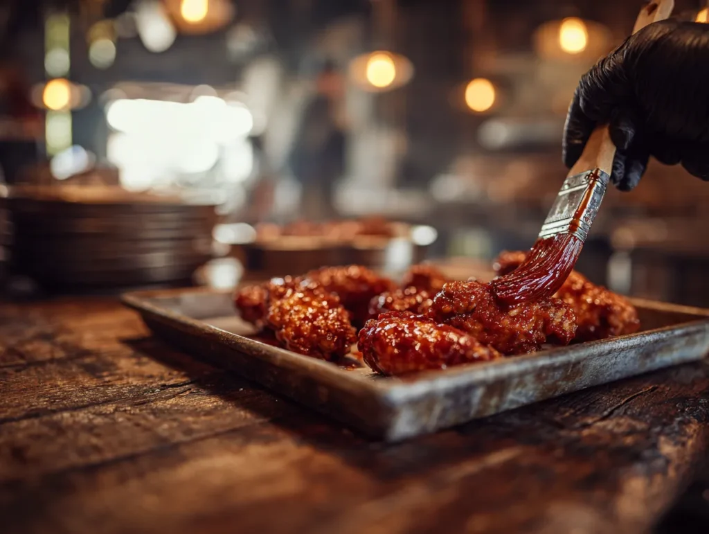 A close-up action shot focusing on a rustic metal tray, similar to the containers used in image_4.png, resting on the same weathered dark wood surface from image_4.png. A gloved hand applies a thick, vibrant classic buffalo glaze onto several crispy wings. The background is a gently blurred, busy bar kitchen.