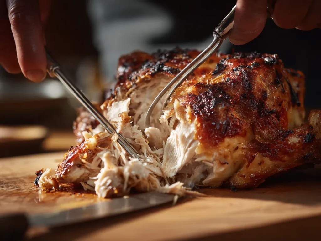 A close-up action shot of hands using two forks to shred the moist, tender breast meat from a whole roasted rotisserie chicken on a cutting board.