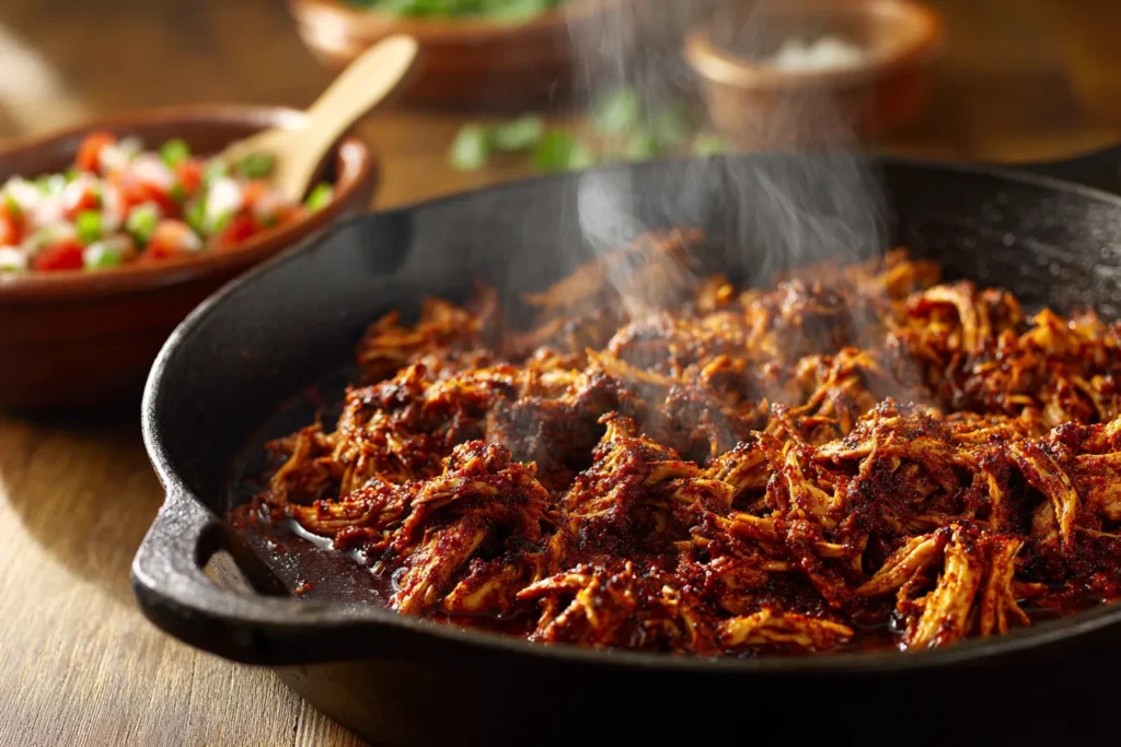 A close-up photograph showing seasoned shredded chicken sizzling and searing in a large, dark cast-iron skillet, with visible steam and spice texture under warm daylight.