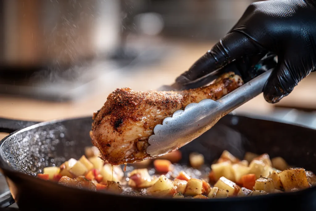 A close-up view of a hand in a black glove using tongs to lower a seasoned chicken leg quarter into a hot cast iron skillet already sizzling with fat and roasted vegetables.