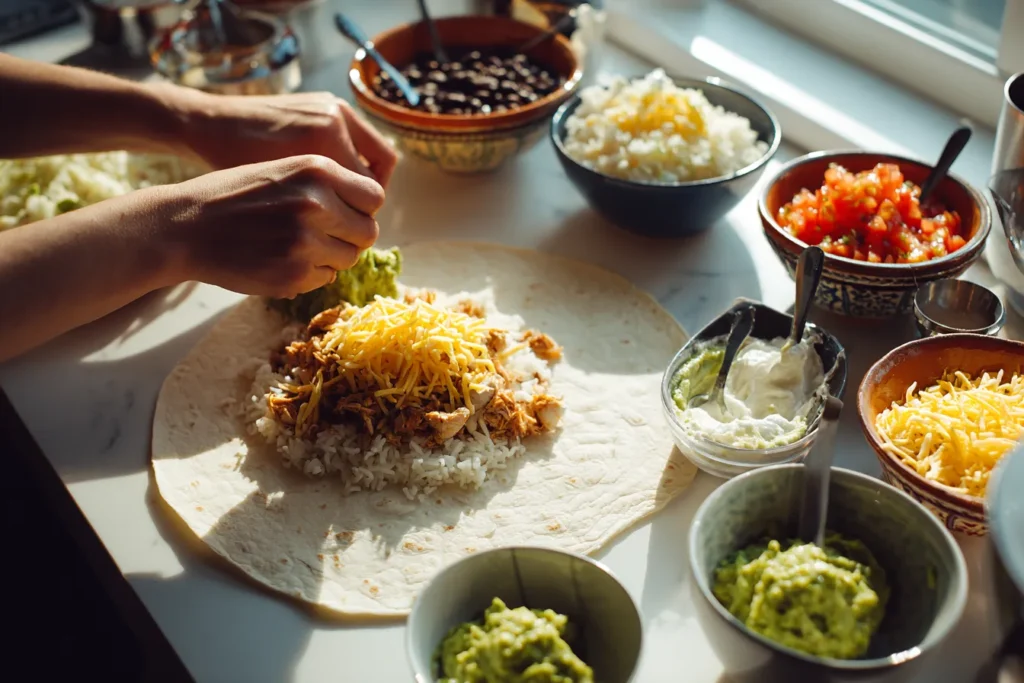 A top-down view of hands carefully adding guacamole to a large flour tortilla already filled with shredded chicken, rice, and beans, surrounded by small colorful bowls of toppings in a bright kitchen.