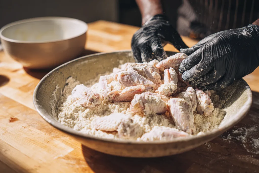 Close-up top-down view of hands in black gloves dipping raw chicken wing pieces from a buttermilk wash into a large bowl of seasoned, shaggy flour for dredging.