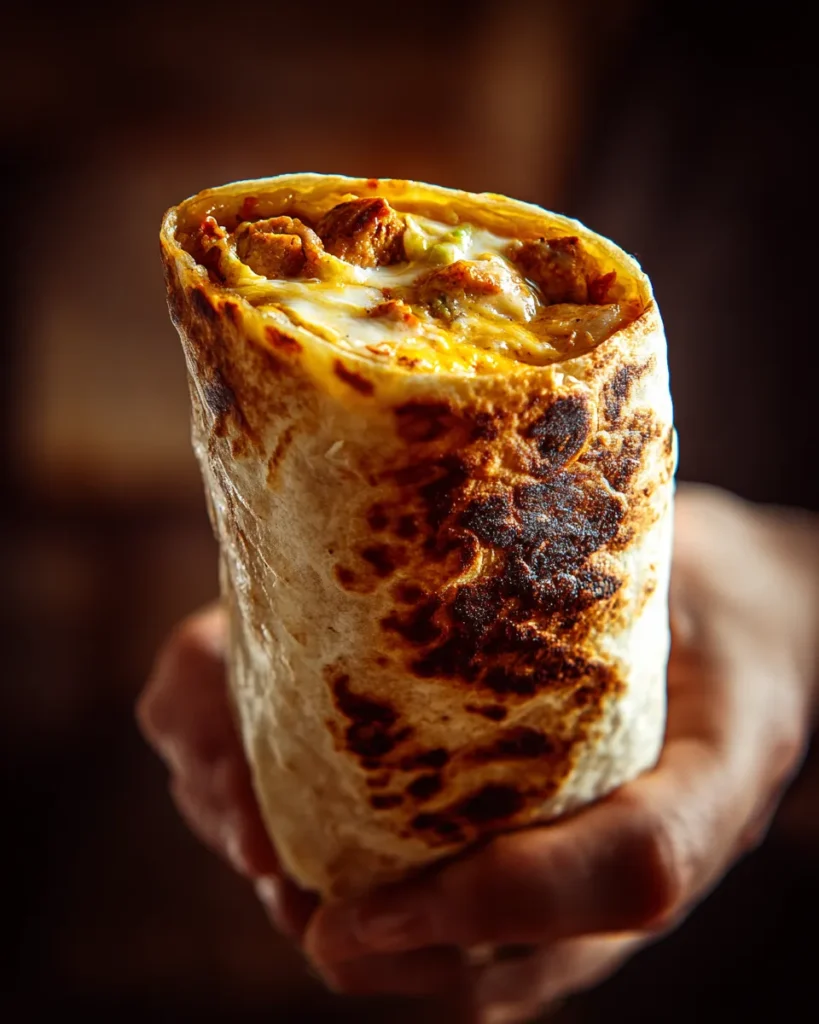 A dramatic, close-up vertical photograph of a hand holding a single, golden-brown toasted chicken burrito, highlighting the rugged texture of the tortilla and melted cheese with a dollop of guacamole.