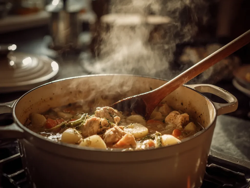 A close-up view looking into a Dutch oven on a stovetop as a wooden spoon stirs a simmering, hearty chicken potato soup, capturing the rich texture of the cooking recipe.