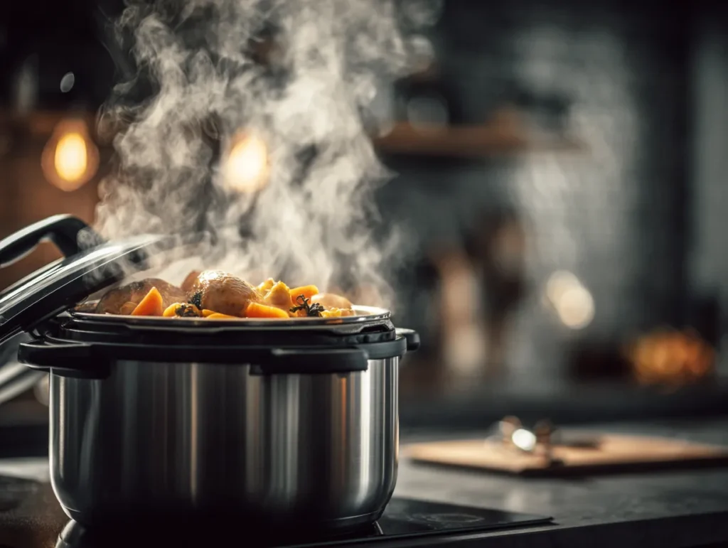 Opening the lid of an Instant Pot to reveal a rich, steaming, golden chicken broth with cooked chicken breasts and vegetables for an easy soup recipe.