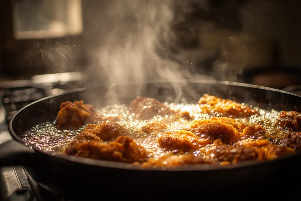 A close-up photograph looking down into a deep cast-iron skillet, where pieces of craggy fried chicken are aggressively sizzling and frothing in golden oil, with visible steam and heat.