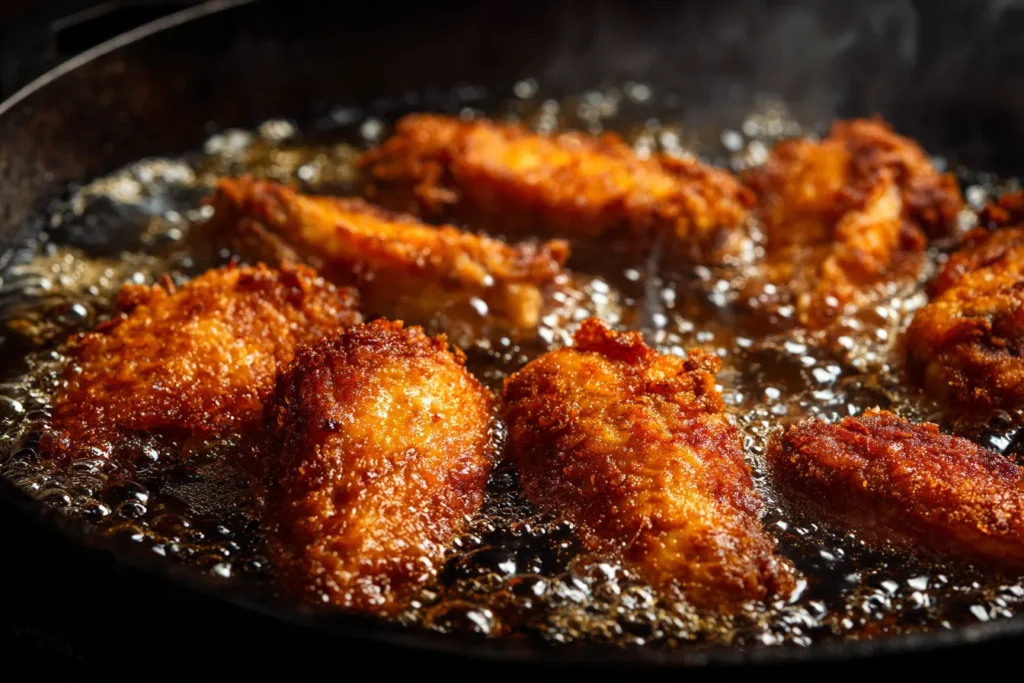 Close-up dynamic shot of multiple golden fried chicken wings deep frying in bubbling, hot golden oil within a black cast-iron skillet, showing intense action, foam, and steam.