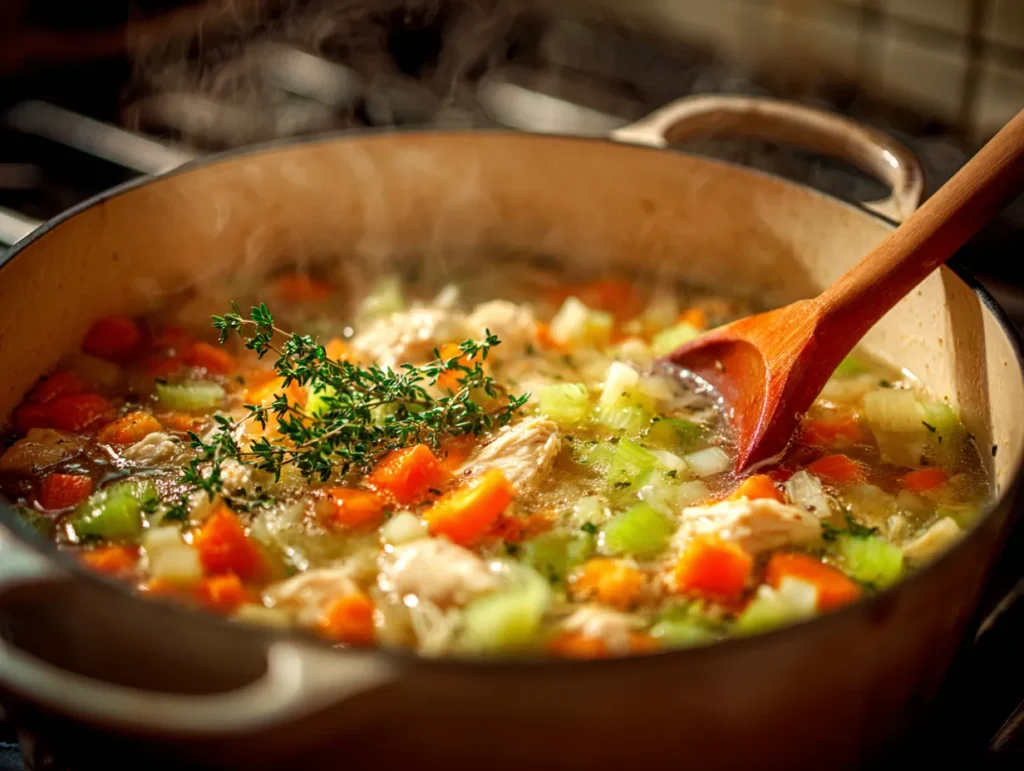 A top-down view into a Dutch oven on a gas range where flavorful rotisserie chicken soup, including large chicken pieces and herbs, is gently bubbling and simmering.