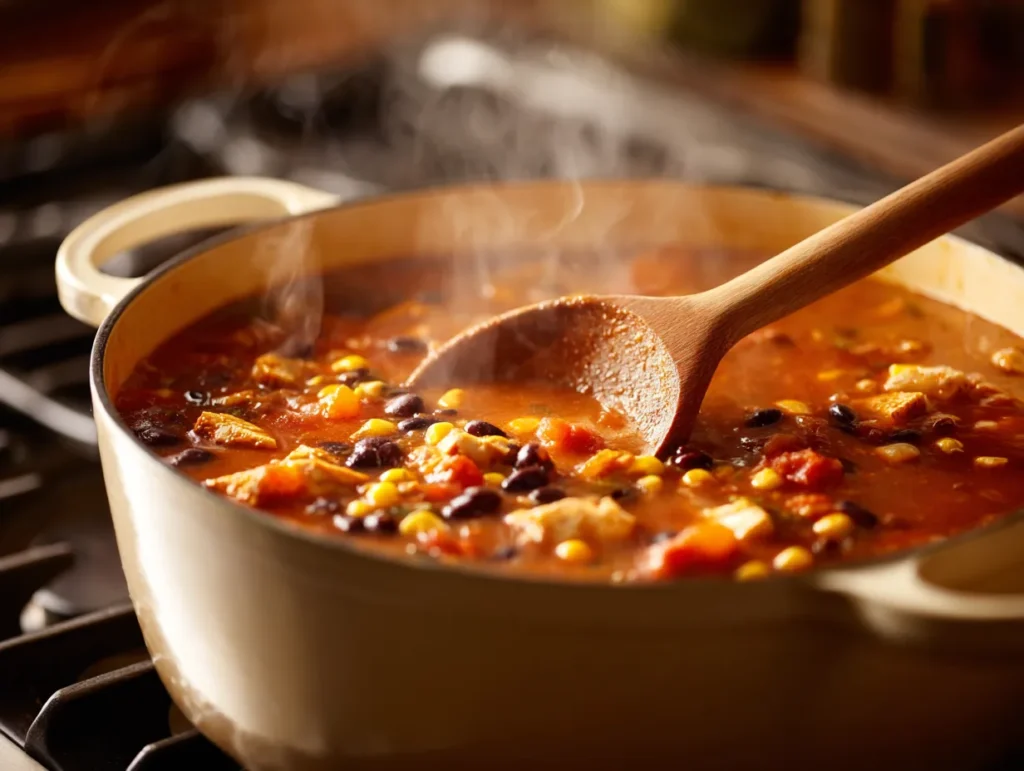 A close-up view looking into a white enameled Dutch oven on a gas stovetop as a wooden spoon stirs a simmering, vibrant Chicken Taco Soup, capturing the rich texture of the cooking recipe.