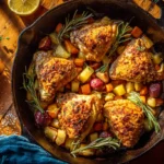 A top-down hero shot of a large cast iron skillet containing four golden-brown, extra crispy baked chicken hindquarters resting on roasted root vegetables with dynamic steam rising under warm directional window light.