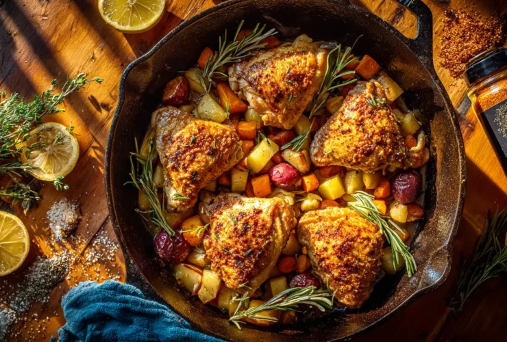 A top-down hero shot of a large cast iron skillet containing four golden-brown, extra crispy baked chicken hindquarters resting on roasted root vegetables with dynamic steam rising under warm directional window light.