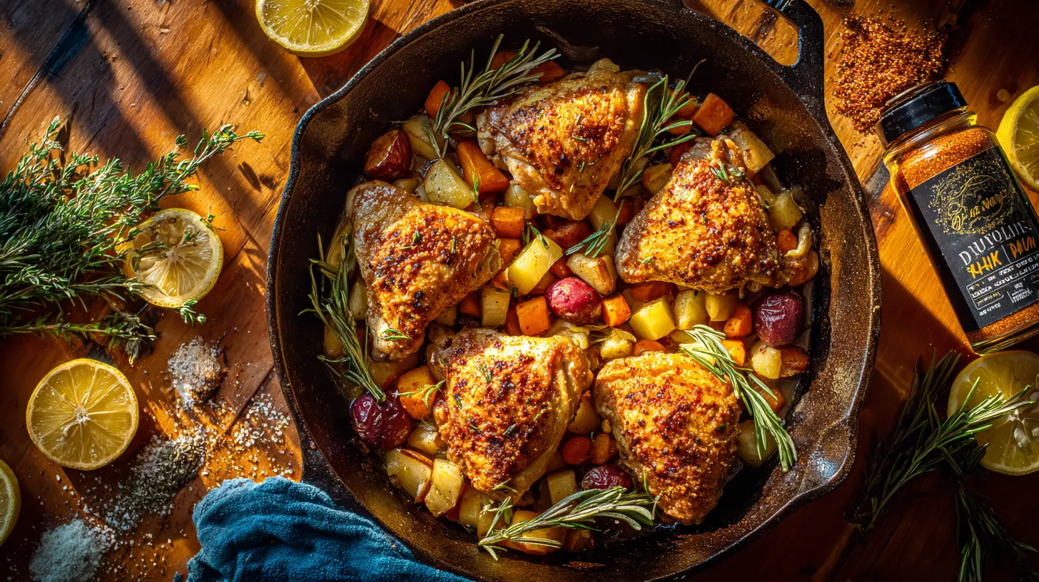 A top-down hero shot of a large cast iron skillet containing four golden-brown, extra crispy baked chicken hindquarters resting on roasted root vegetables with dynamic steam rising under warm directional window light.