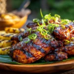 A rustic platter of perfectly grilled Hawaiian chicken with a glossy glaze, surrounded by grilled pineapple and banana leaves, showcasing a mouth-watering Huli Huli chicken recipe outdoors.