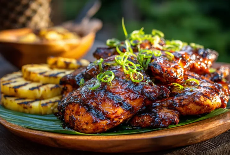 A rustic platter of perfectly grilled Hawaiian chicken with a glossy glaze, surrounded by grilled pineapple and banana leaves, showcasing a mouth-watering Huli Huli chicken recipe outdoors.