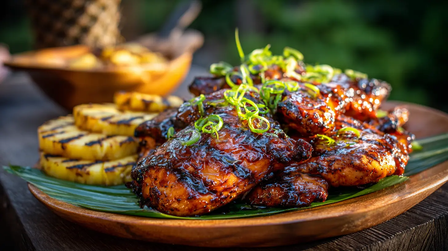 A rustic platter of perfectly grilled Hawaiian chicken with a glossy glaze, surrounded by grilled pineapple and banana leaves, showcasing a mouth-watering Huli Huli chicken recipe outdoors.