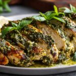 A plate of juicy, sliced pesto chicken, covered in bright green basil pesto.
