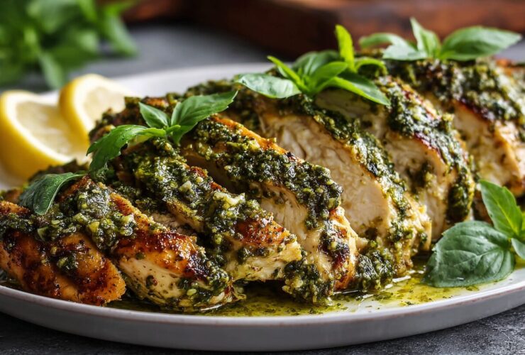 A plate of juicy, sliced pesto chicken, covered in bright green basil pesto.