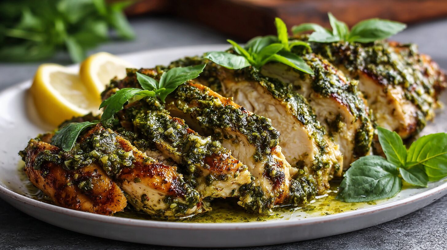 A plate of juicy, sliced pesto chicken, covered in bright green basil pesto.