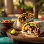 Two hearty chicken burritos, sliced open to reveal vibrant layers of shredded chicken, rice, black beans, and salsa, presented on a rustic wooden plank on a sunny tiled table with guacamole and salsa.