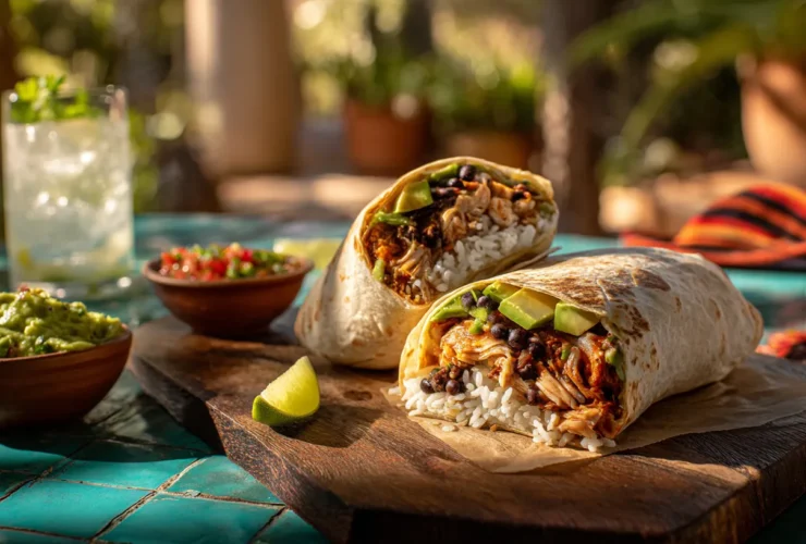 Two hearty chicken burritos, sliced open to reveal vibrant layers of shredded chicken, rice, black beans, and salsa, presented on a rustic wooden plank on a sunny tiled table with guacamole and salsa.