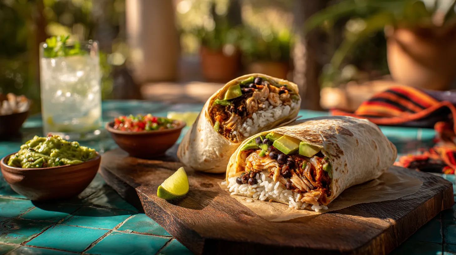 Two hearty chicken burritos, sliced open to reveal vibrant layers of shredded chicken, rice, black beans, and salsa, presented on a rustic wooden plank on a sunny tiled table with guacamole and salsa.