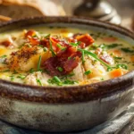 A rustic, steaming bowl of creamy chicken potato soup garnished with bacon bits and chives, served on a weathered wooden table with crusty bread, illustrating a heartwarming chicken potato soup recipe.