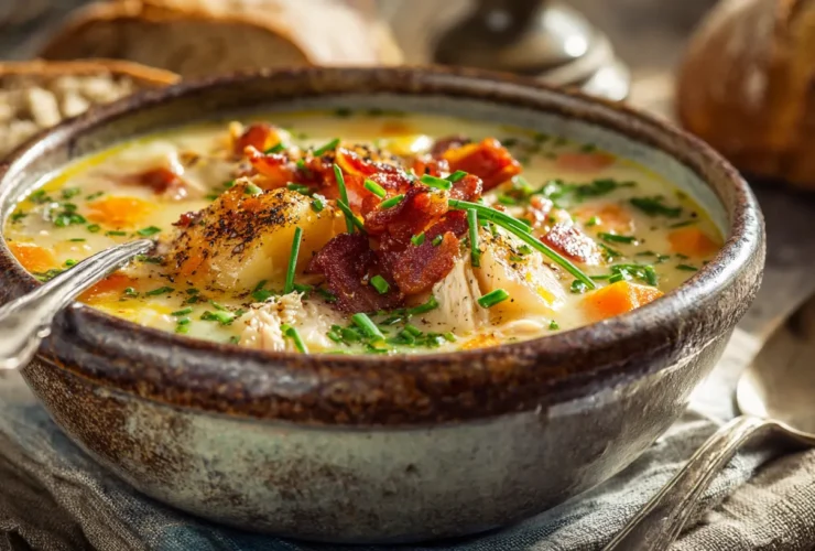 A rustic, steaming bowl of creamy chicken potato soup garnished with bacon bits and chives, served on a weathered wooden table with crusty bread, illustrating a heartwarming chicken potato soup recipe.