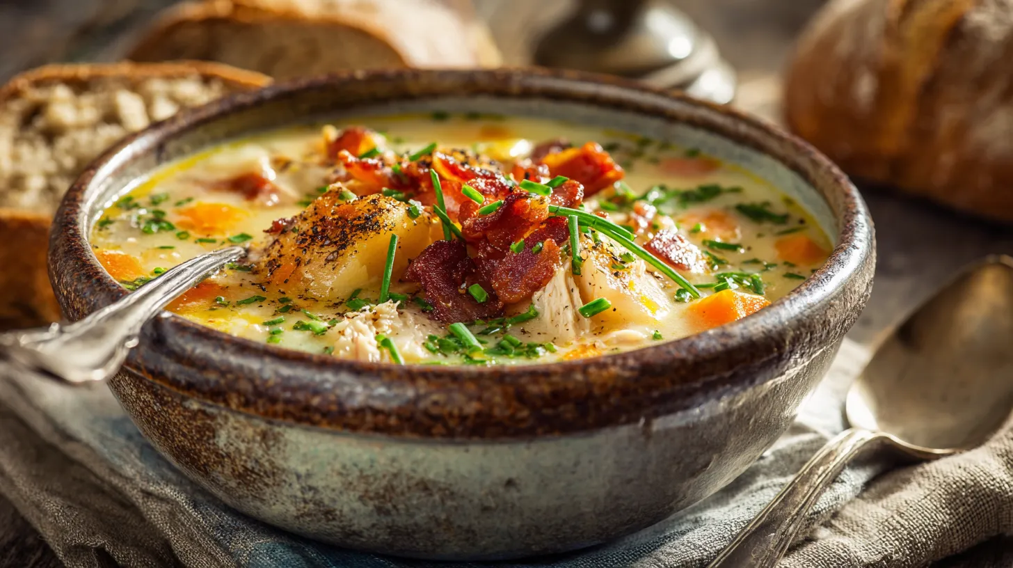 A rustic, steaming bowl of creamy chicken potato soup garnished with bacon bits and chives, served on a weathered wooden table with crusty bread, illustrating a heartwarming chicken potato soup recipe.