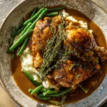 A rustic platter featuring golden roasted chicken pieces on a bed of creamy mashed potatoes, generously smothered in a rich brown gravy, showcasing a complete, heartwarming chicken and gravy recipe.