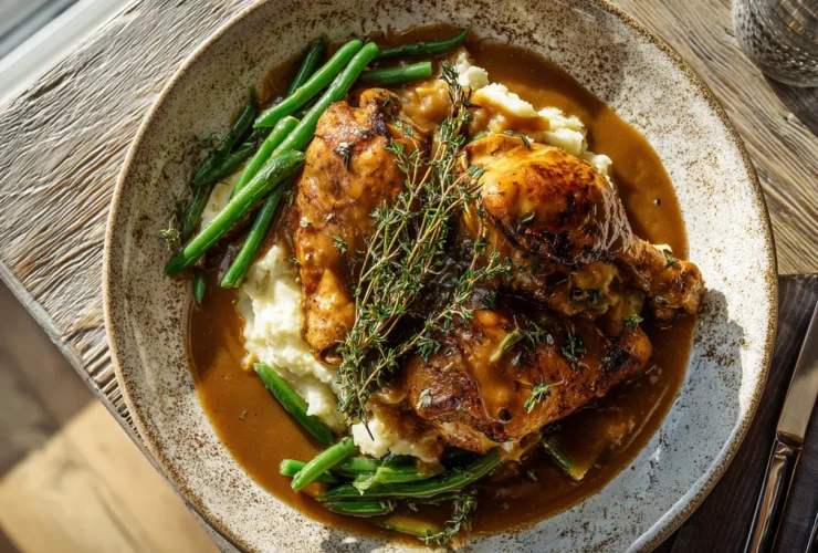 A rustic platter featuring golden roasted chicken pieces on a bed of creamy mashed potatoes, generously smothered in a rich brown gravy, showcasing a complete, heartwarming chicken and gravy recipe.