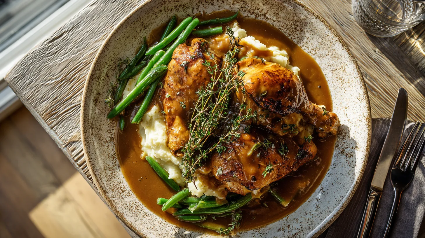 A rustic platter featuring golden roasted chicken pieces on a bed of creamy mashed potatoes, generously smothered in a rich brown gravy, showcasing a complete, heartwarming chicken and gravy recipe.