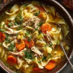 A rustic ceramic bowl overflowing with steaming homestyle soup made from shredded rotisserie chicken, vegetables, and noodles, garnished with fresh dill on a cozy wooden table.