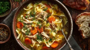 A rustic ceramic bowl overflowing with steaming homestyle soup made from shredded rotisserie chicken, vegetables, and noodles, garnished with fresh dill on a cozy wooden table.