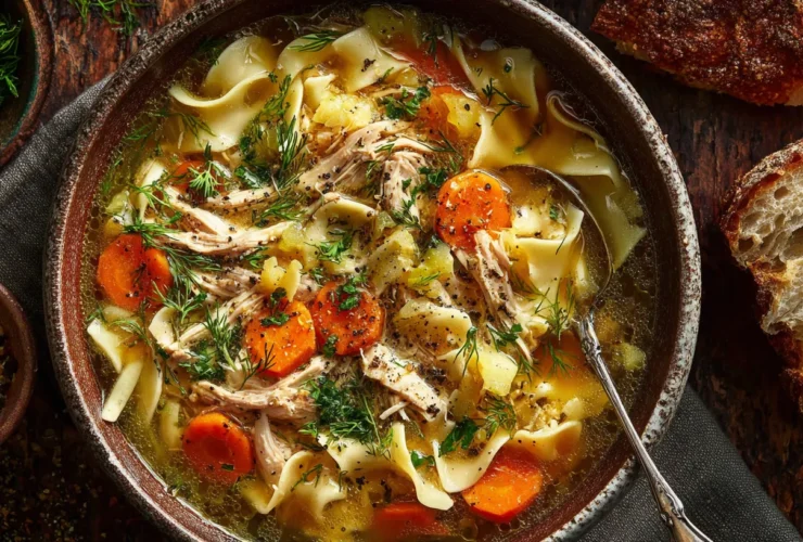 A rustic ceramic bowl overflowing with steaming homestyle soup made from shredded rotisserie chicken, vegetables, and noodles, garnished with fresh dill on a cozy wooden table.