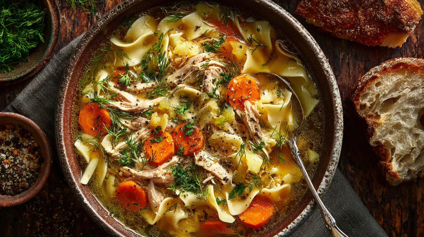 A rustic ceramic bowl overflowing with steaming homestyle soup made from shredded rotisserie chicken, vegetables, and noodles, garnished with fresh dill on a cozy wooden table.