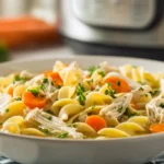 A steaming, rustic bowl of homemade chicken noodle soup served next to an Instant Pot, featuring tender chicken, egg noodles, and fresh vegetables.