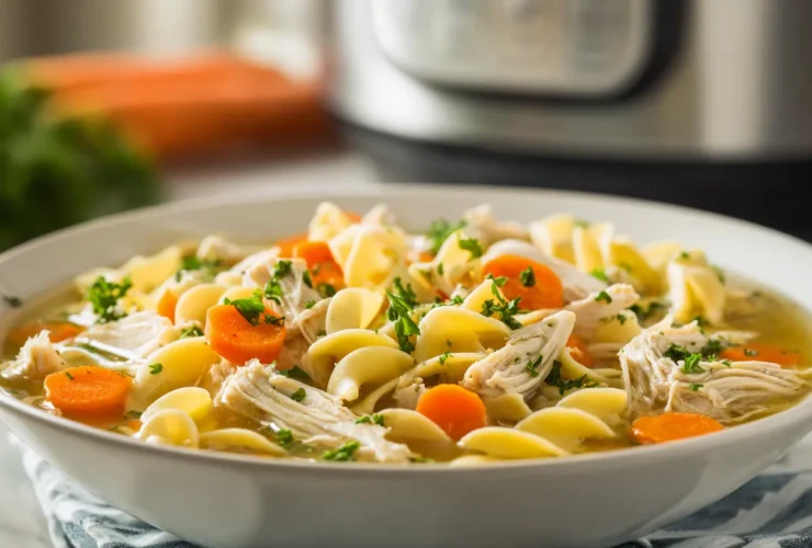 A steaming, rustic bowl of homemade chicken noodle soup served next to an Instant Pot, featuring tender chicken, egg noodles, and fresh vegetables.