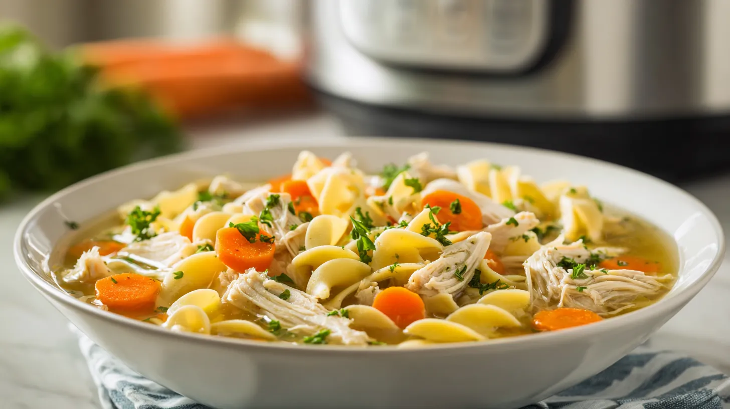 A steaming, rustic bowl of homemade chicken noodle soup served next to an Instant Pot, featuring tender chicken, egg noodles, and fresh vegetables.