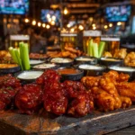 A massive, divided rustic wooden platter overflowing with four different types of National Chicken Wings: glossy Buffalo red, dark sticky BBQ brown, golden Garlic Parmesan, and Lemon Pepper, served on a crowded bar table with beers during a sports game party.