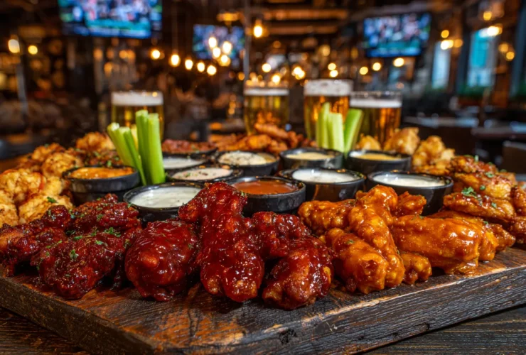 A massive, divided rustic wooden platter overflowing with four different types of National Chicken Wings: glossy Buffalo red, dark sticky BBQ brown, golden Garlic Parmesan, and Lemon Pepper, served on a crowded bar table with beers during a sports game party.