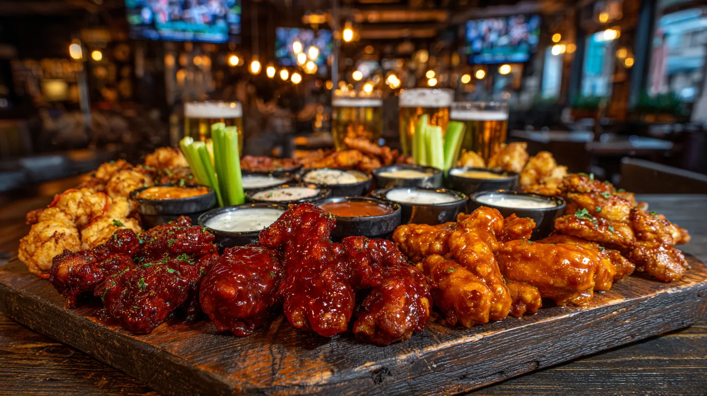 A massive, divided rustic wooden platter overflowing with four different types of National Chicken Wings: glossy Buffalo red, dark sticky BBQ brown, golden Garlic Parmesan, and Lemon Pepper, served on a crowded bar table with beers during a sports game party.